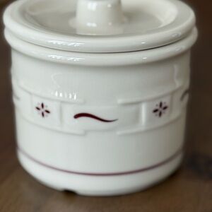 Longaberger Cream Ceramic Covered Crock/Jar with Maroon Accents